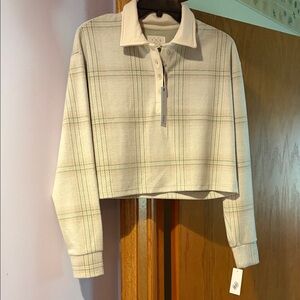 Thread & Supply Cream Cropped Plaid Polo Sweatshirt with Light Green Windowpane